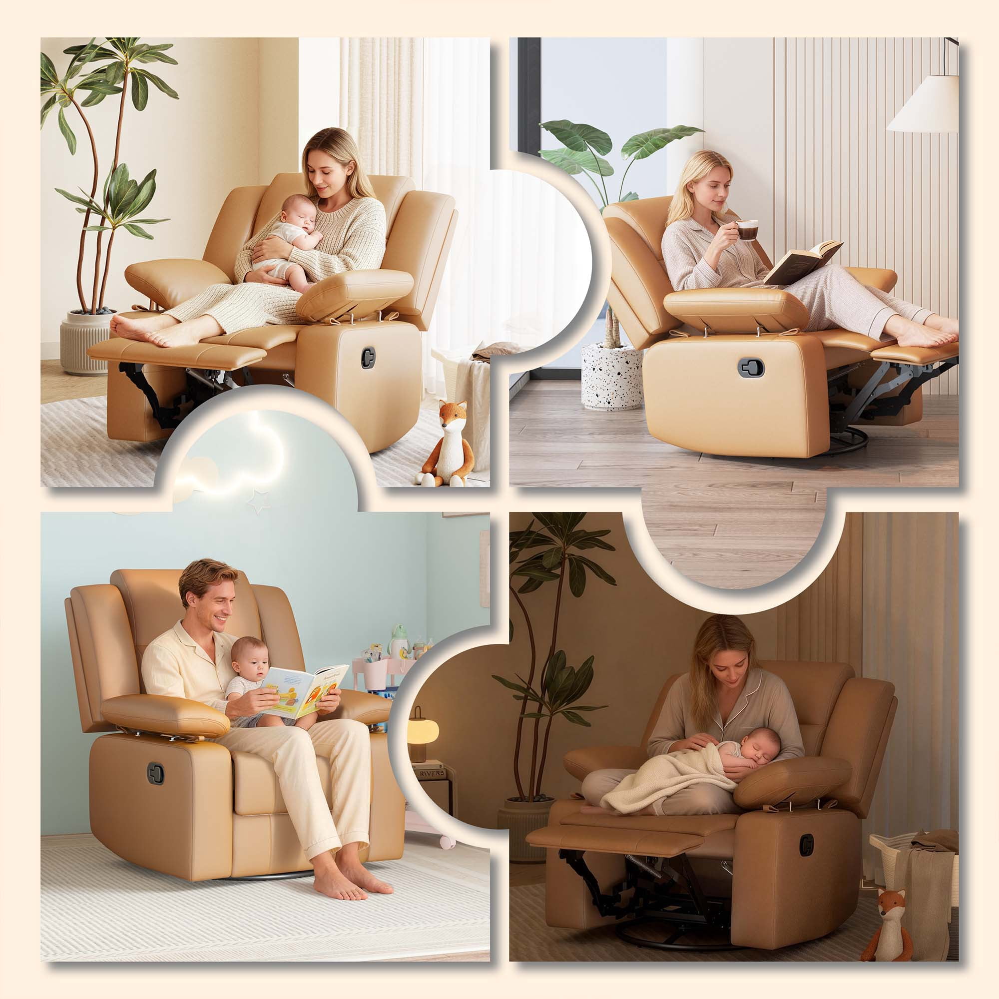 LAZZO Recliner Chair with Adjustable Armrest and Headrest, Upholstered Swivel Rocking Chair for Nursery & Living Room, Brown
