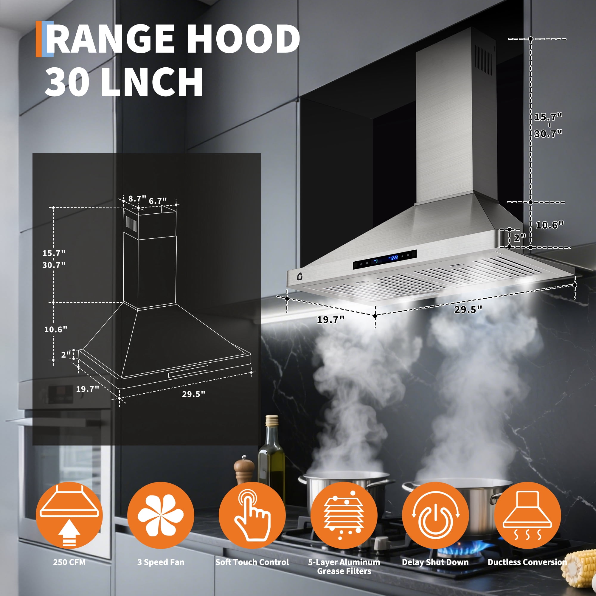 30 Inch Stainless Steel Range Hood, 250 CFM Quiet Operation Touch Control & 3 Speed, Ducted/Ductless Convertible, Five-Tier Aluminum Grease Filters, Adjustable Chimney for Kitchen Vent Hood