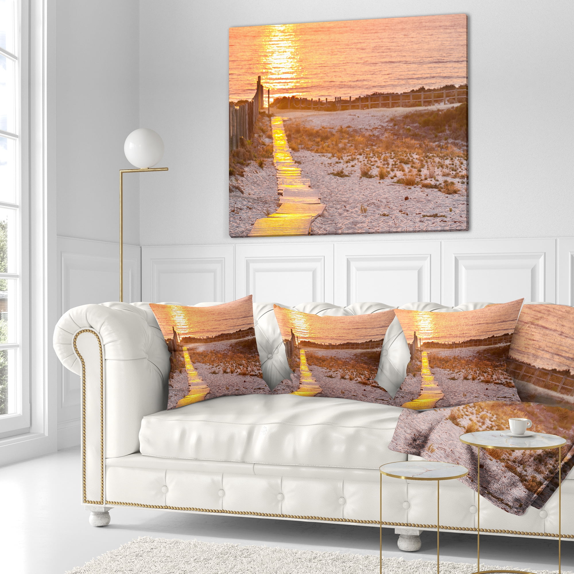 Designart Yellowish Boardwalk into Seashore - Bridge Throw Pillow - 18x18