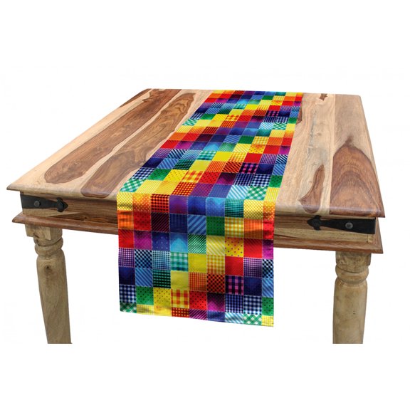 Abstract Table Runner, Rainbow Colored Square Shaped Diverse Patterns Diagonal Forms Geometric, Dining Room Kitchen Rectangular Runner, 3 Sizes, by Ambesonne