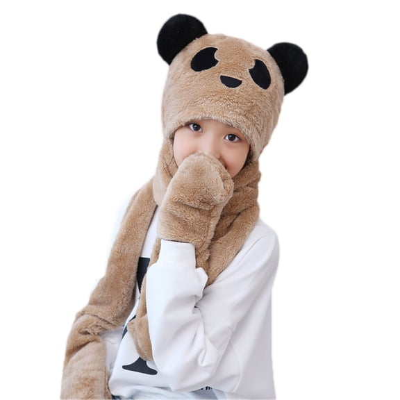 Kids Baby Winter 3 In 1 Hat Scarf Gloves Set Cute Panda Ears Plush Hoodie Cap