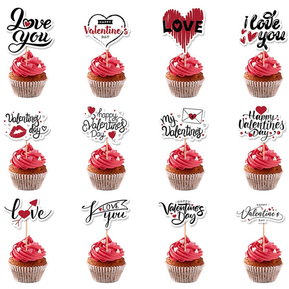 Valentine's Day Cake Toppers, Party Supplies, Happy Valentine's Day, 48 Pieces