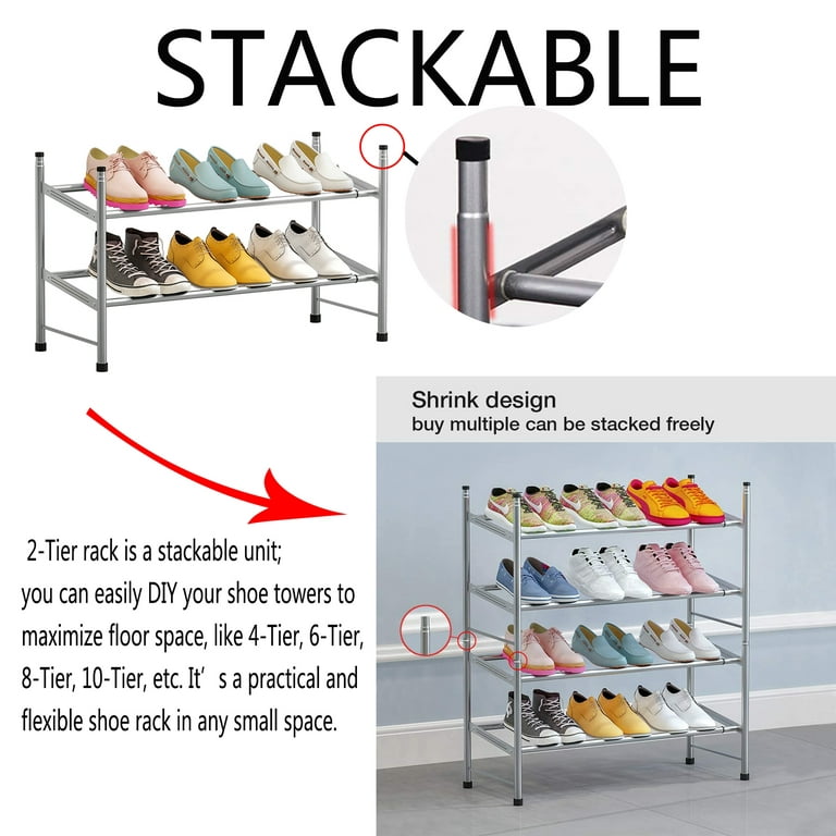 HOLGER Acacia Solid Wood Shoe Storage Organizer 2-Tier Stackable Shoe Rack,  Dusk Gray