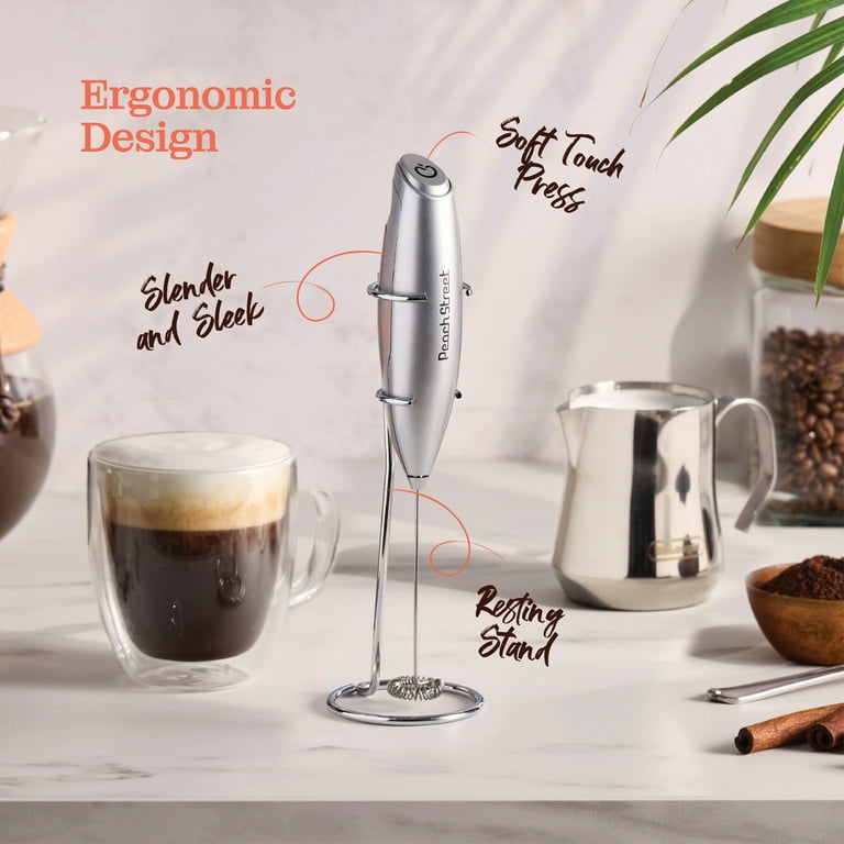 Powerful Handheld Milk Frother Mini Milk Foamer Battery Operated Not included Stainless Steel Drink Mixer with Frother Stand for Coffee Lattes