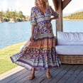 thumbnail image 2 of QQAMB Womens Summer Beach Dress Boho Dresses Fashion Floral Print Dress Casual V-Neck Short Sleeve Slit Hem Maxi Dress Purple L, 2 of 8