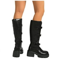 Rokment Women's Fall Winter Knee High Motorcycle Riding Boots Punk Leather Buckles Mid Calf Chunky Tall Combat Boots