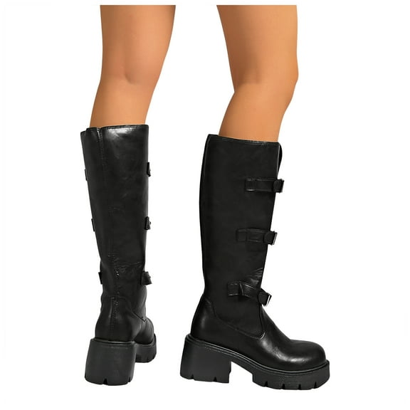 Rokment Women's Fall Winter Knee High Motorcycle Riding Boots Punk Leather Buckles Mid Calf Chunky Tall Combat Boots