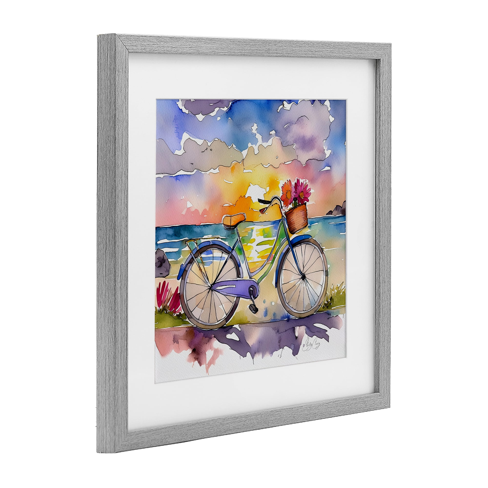 Stupell Industries Bicycle By The Seaside Gray Framed Print Under Glass, design by Shelly Craig