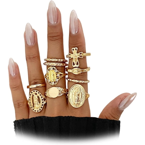 Gold Silver Plated Cross Zirconia Hollow Ring Set for Women,Open Adjustable Stack Virgin Mary Knuckle Finger Rings Punk Party Jewelry Accessories Gift