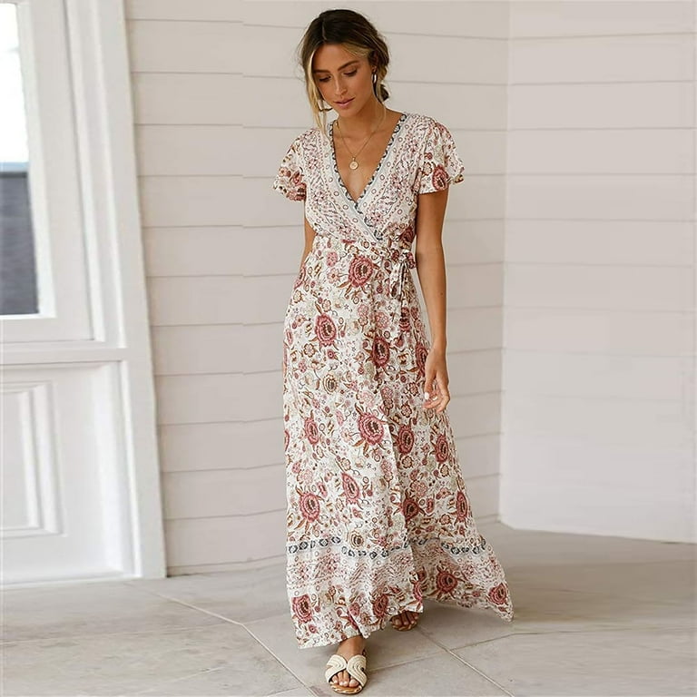 Wycnly Formal Dresses for Women Beach Vintage Bohemian High Split Flowy  Swing Long Sundress for Vacation V-Neck Short Sleeve Floral Print 2024  Summer Maxi Dress Beige XL - Walmart.com