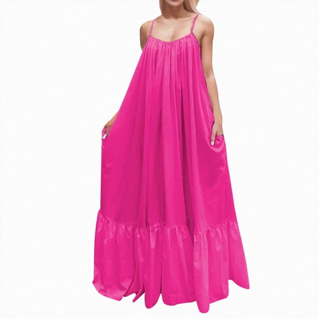 NIEWTR Robe d'Été Ample pour Femme, Robe de Plage d'Été à Col en V Sans Manches, Décontractée et Fluide, Maxi (Rose Vif, 2TG)