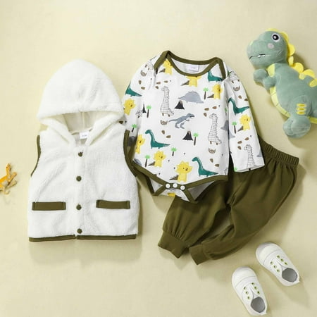 

Wolfast Promotion Infant Toddler Baby Boys Sweater Suit Dinosaur Print Long-sleeved Romper Hooded Vest Vest Trousers Three-piece Set