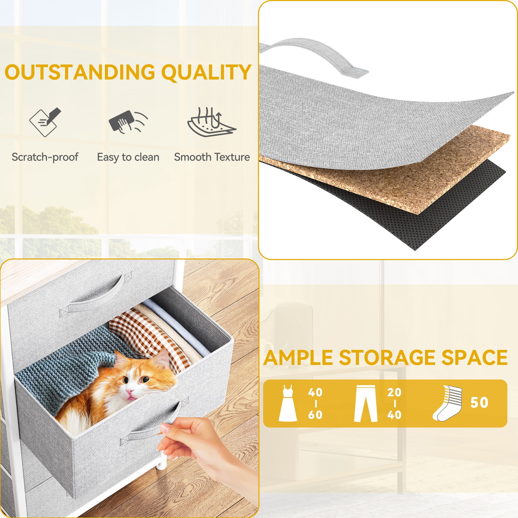 YINTATECH 4 Drawer Dresser Storage Unit Shelf Organizer Bins Chest Fabric Drawers, Light Gray"