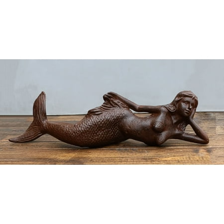 Cast Iron Rustic Nautical Siren Mermaid In Repose On Ocean Bed Sculpture 13 L