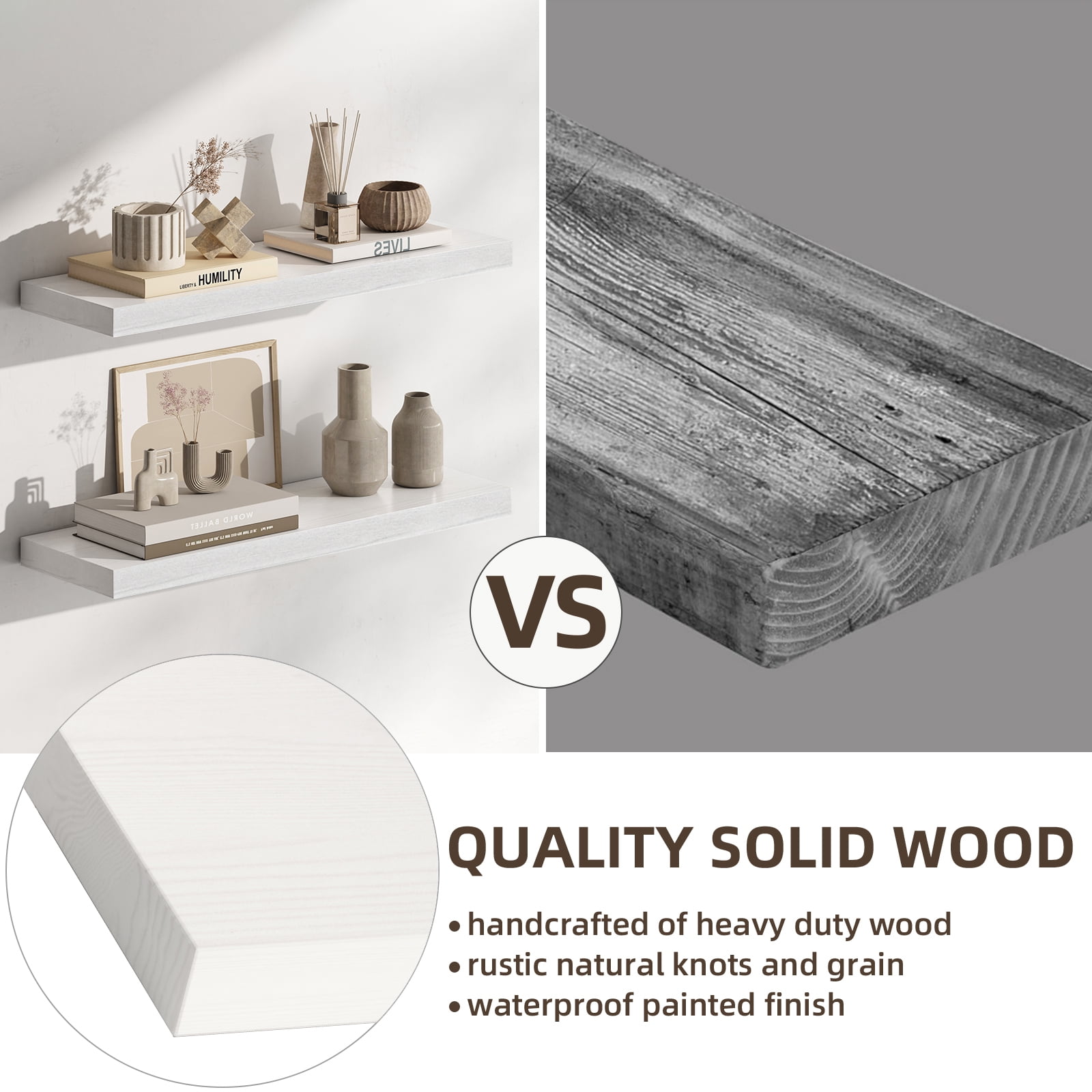 23.5 in Solid Wood Floating Shelves Wall Mounted Shelves, White Wash Color, Set of 2