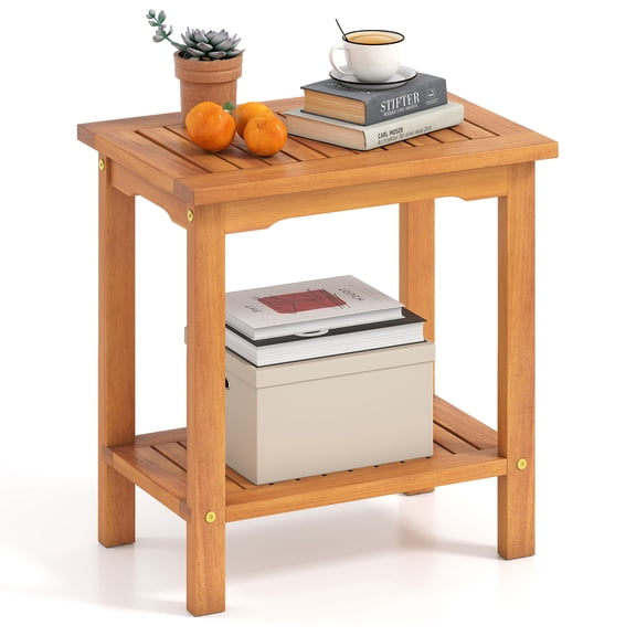 Gymax Outdoor Acacia Wood Side Table 2-Tier Patio End Table w/ Slatted Tabletop