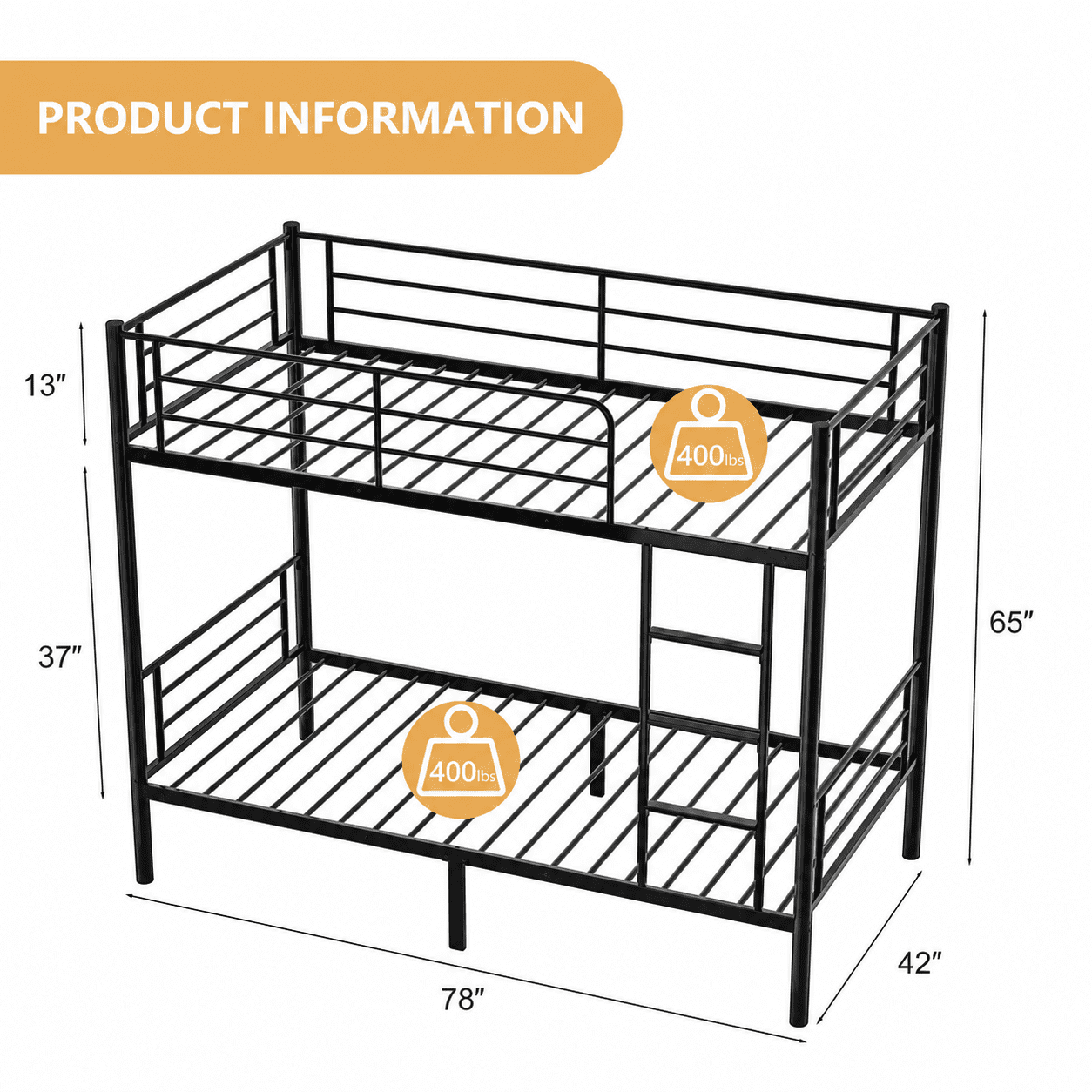 Zimtown Twin over Twin Steel Bunk Beds Frame, 78" x 42" x 65" with Ladder Bedroom Dorm Room for Kids Adult Children