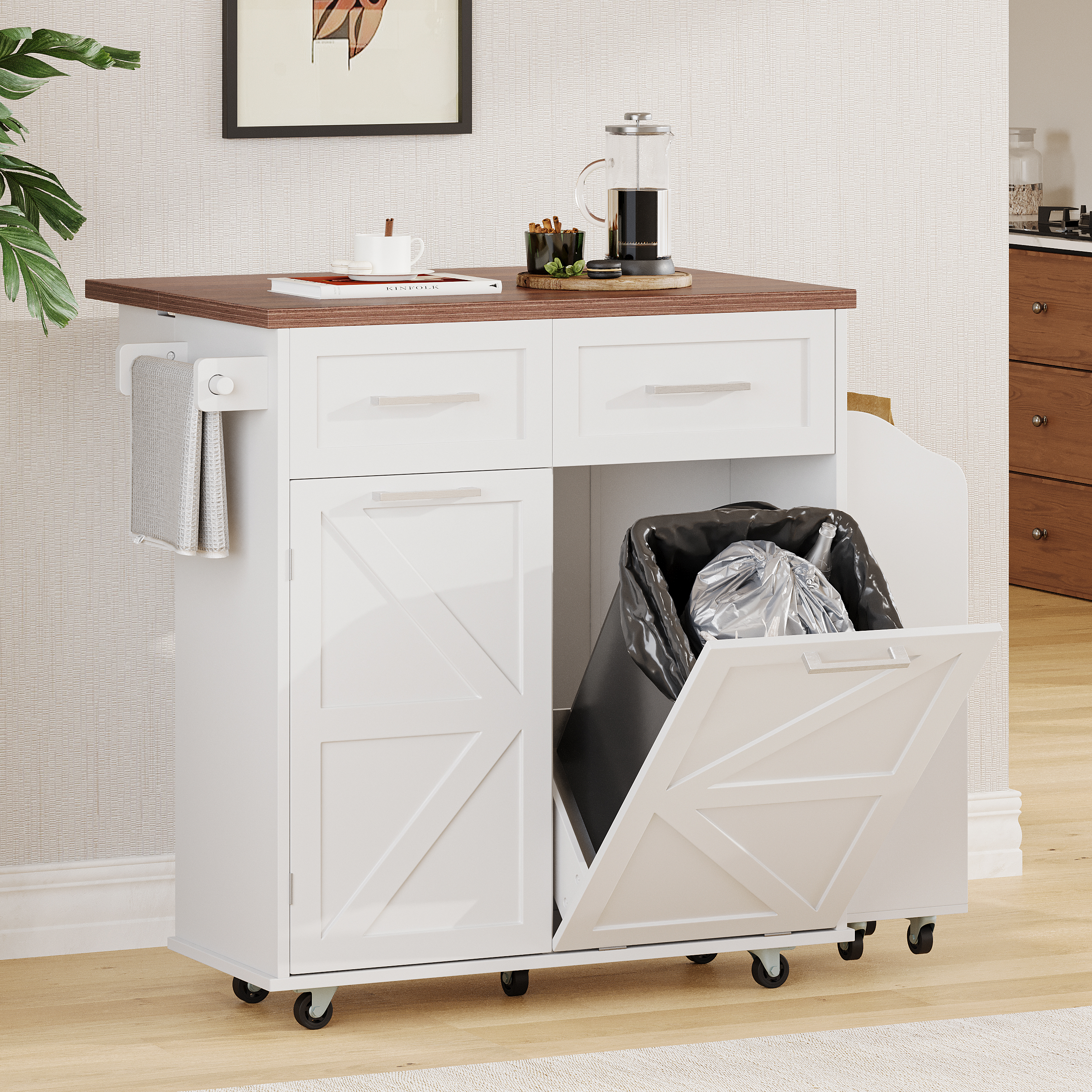 Euroco 47.2" Farmhouse Kitchen Island with Drop Leaf, Kitchen Storage Island with Removable Side Racks, Two Drawers, Rolling Kitchen Cart on Wheels with Towel Rack