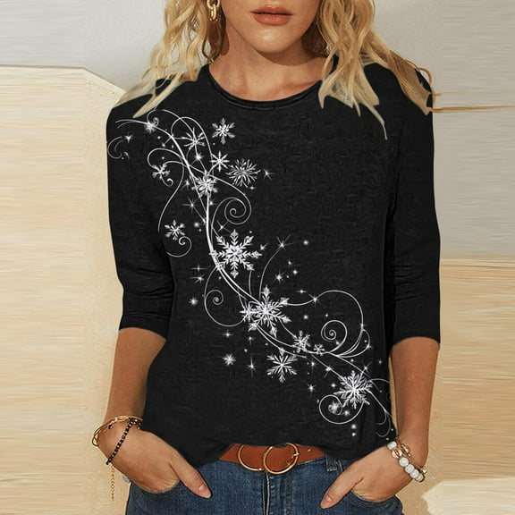 Uootdi Christmas Tree Christmas Shirts for Women 3/4 Sleeve Tunic Tops Glitter Xmas Classic Print Tshirt Crewneck Pullove Gift r Blouses Gifts
