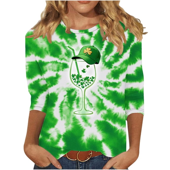 Craaazy Women's 3/4 Sleeve Round Neck Casual St Patricks Day Irish Festival Clover Comfy Graphics Print Printed Pullover T-shirts Gifts