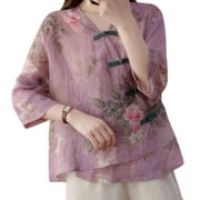 HAORUN Women Ethnic Floral Blouse Chinese Qipao Tops Irregular Hem Shirts Casual Loose