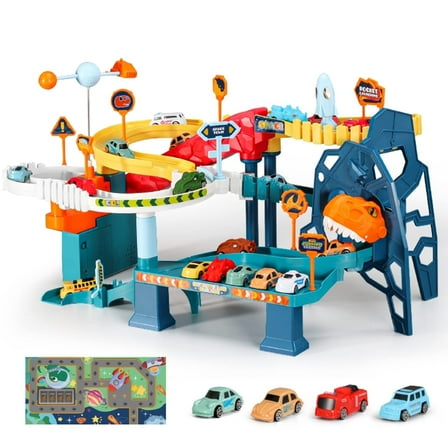 Dinosaur Rail Car Toys, Monster Trucks Race Track Playset, Winding Highway Space Dinosaur Hill Toy Ramp Track Set, Lifting Parking Lot with 4 Mini Racer Cars Gifts