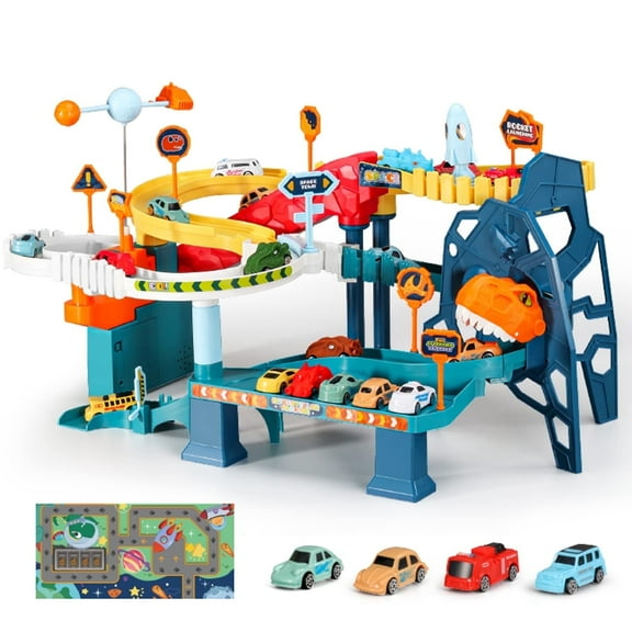 Dinosaur Rail Car Toys, Monster Trucks Race Track Playset, Winding Highway Space Dinosaur Hill Toy Ramp Track Set, Lifting Parking Lot with 4 Mini Racer Cars Gifts