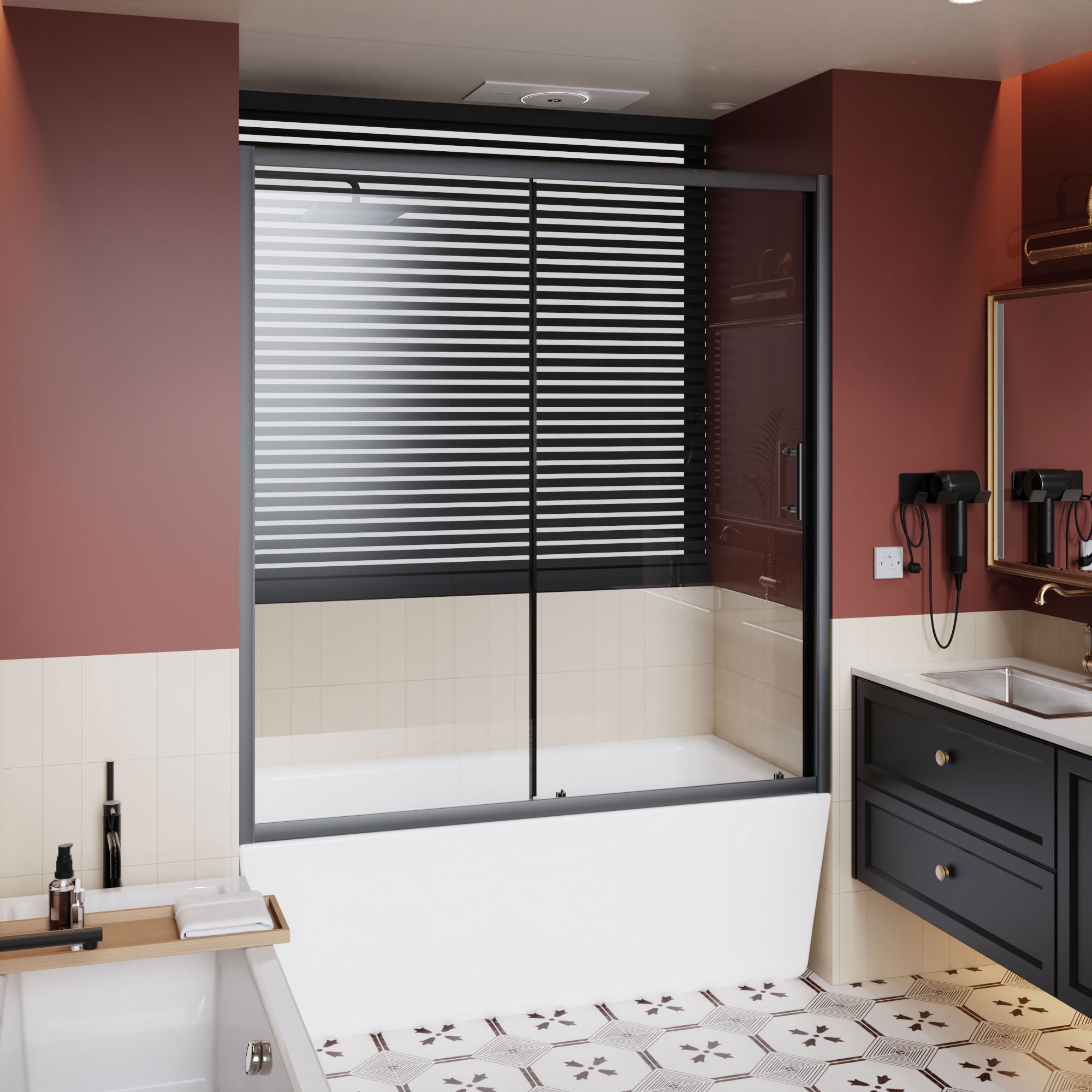 MAYEERTY Single Sliding Bathtub Door, Black Aluminum Frame, 1/5" Tempered Glass with Stainless Steel Handle, Silent Sliding & Waterproof