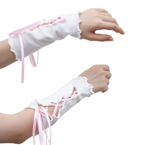 Women Gothic Y2K Knitted Arm Warmers Harajuku Lace-Up Fingerless Long Oversleeve