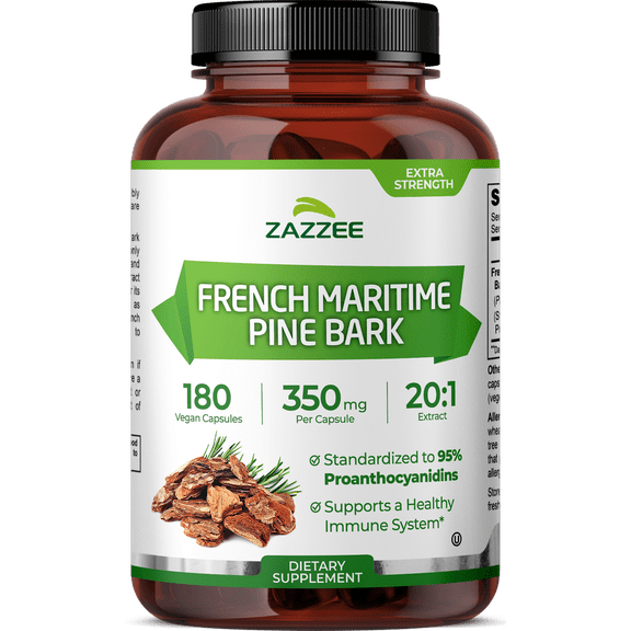 Zazzee French Maritime Pine Bark 20:1 Extract 350 mg – 180 Vegan Capsules – Standardized for 95% Proanthocyanidins – Extra Strength Antioxidant & Circulatory Support – Kosher • Non-GMO • Made in USA