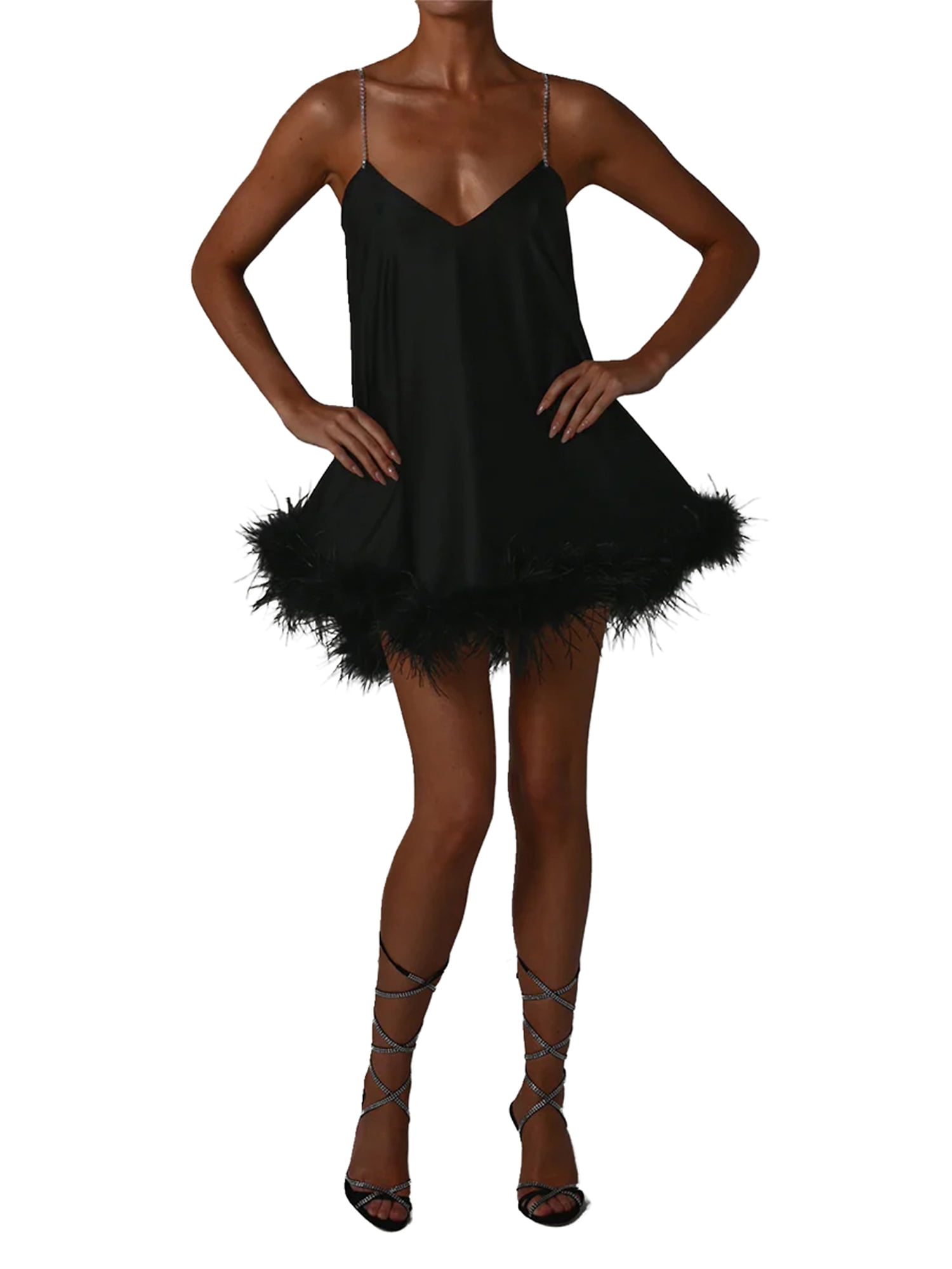 navn Selskab lige Womens Rhinestone Spaghetti Strap Dress Low Cut Sleeveless Open Back Plush  Trim Y2K Flowy Party Club Mini Dresses - Walmart.com