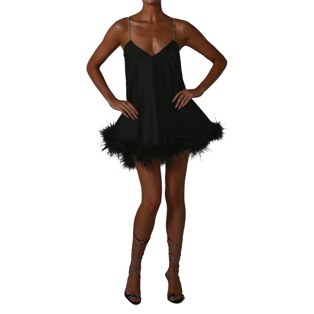 Gupgi Femmes Ourlet en Plumes Bretelles Spaghetti Mini-Robes Bodycon