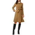 thumbnail image 2 of INSPIRE CHIC Women's Peter Pan Collar Single Breasted Belted Contrast Trim Swing Winter Coat M Khaki, 2 of 5