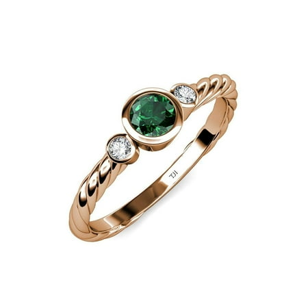 

Emerald and Diamond (SI2-I1 G-H) Three Stone Rope Ring 0.65 ct tw in 14K Rose Gold.size 8.0