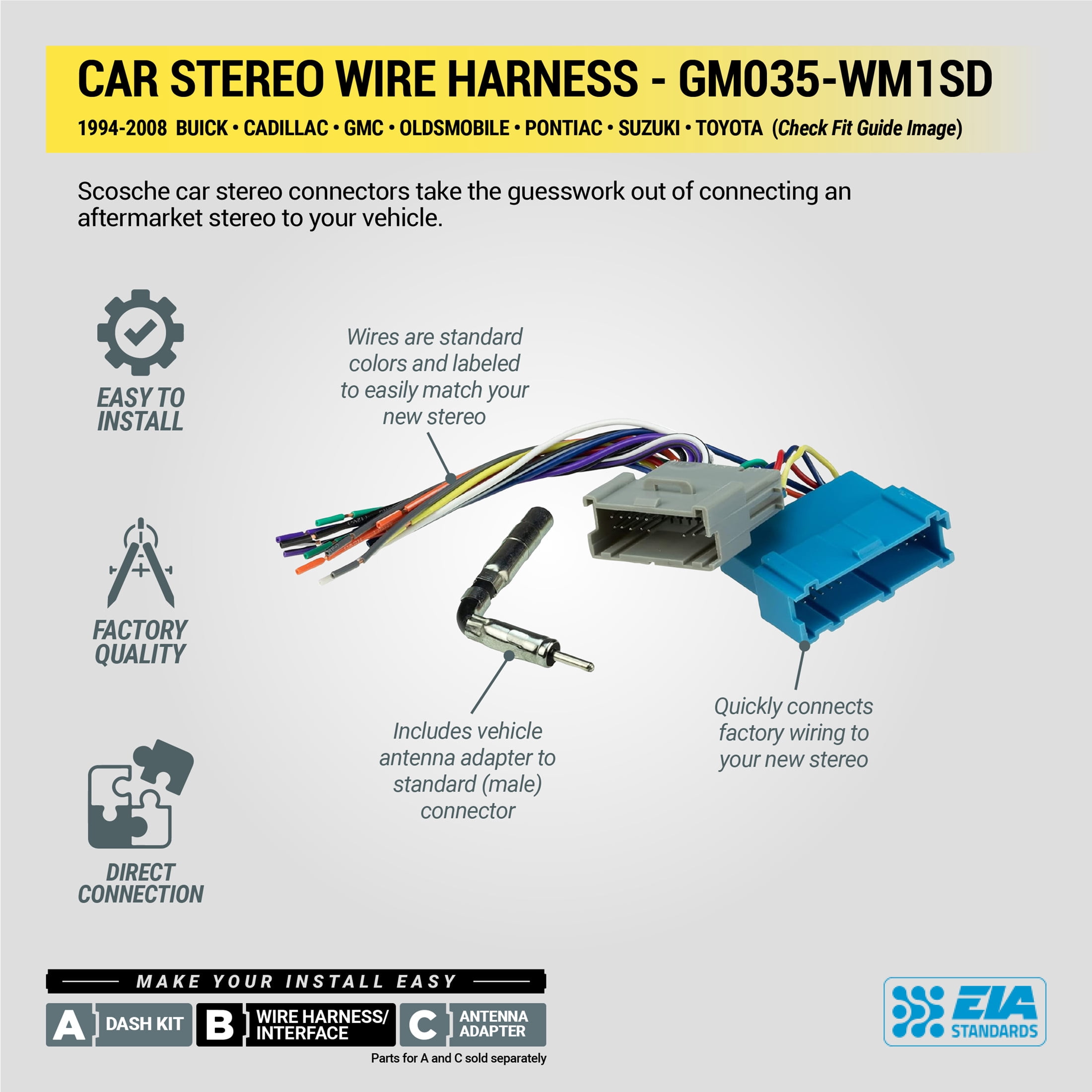 Scosche Wiring Harness and Antenna Adapter Compatible with Select 1986-2005 GM Vehicles GM035-WM1SD