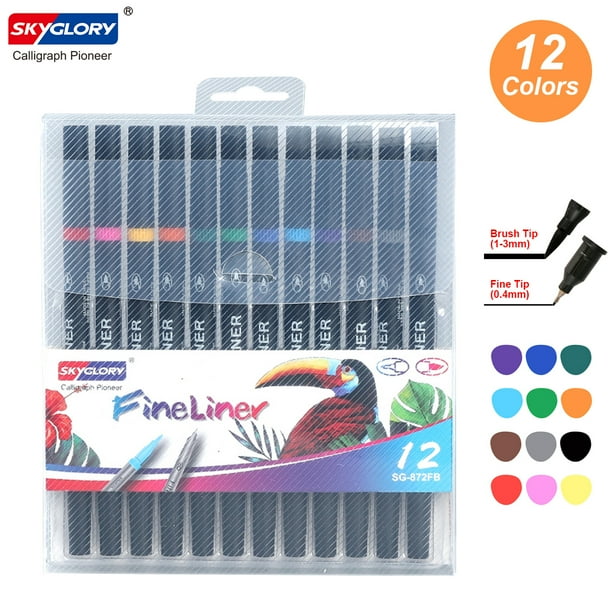 SKYGLORY 12 Colors Dual Brush Pens with 0.4mm Fineliner & Fiber Brush