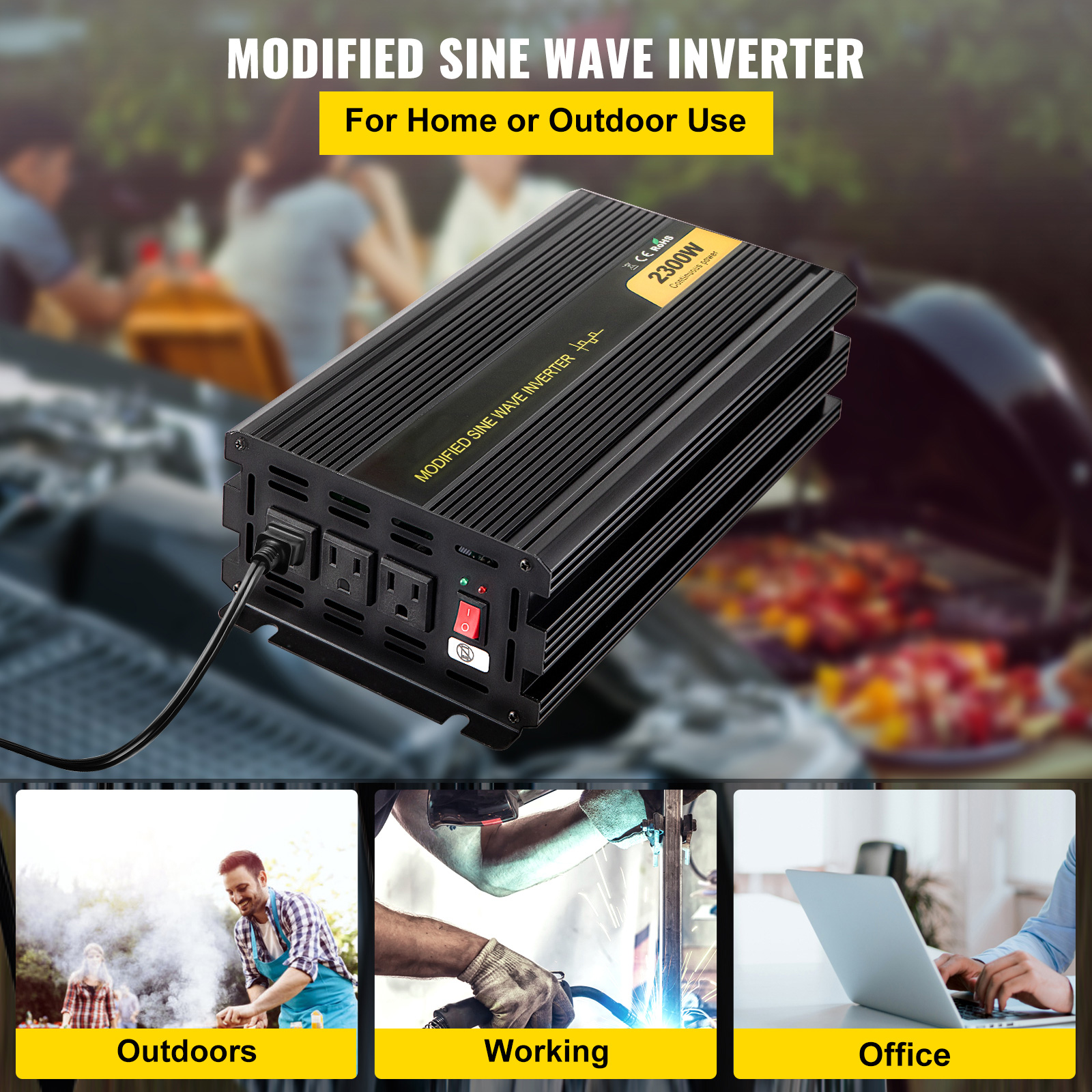 KFFKFF DC 24V to AC 120V Car Converter with LCD Display Remote Controller LED Indicators AC Outlets Power Inverter for Car RV Truck Boat Travel Camping 2300W Modified Sine Wave Inverter