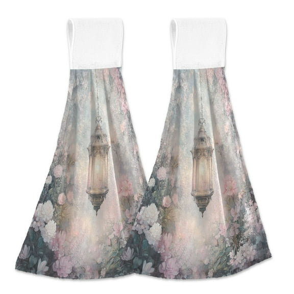 BZSMCE Hanging Hand Towels Fashion Lantern in Floral Garden Pattern 2-Pack - Velcro Style Bathroom Kitchen Towels