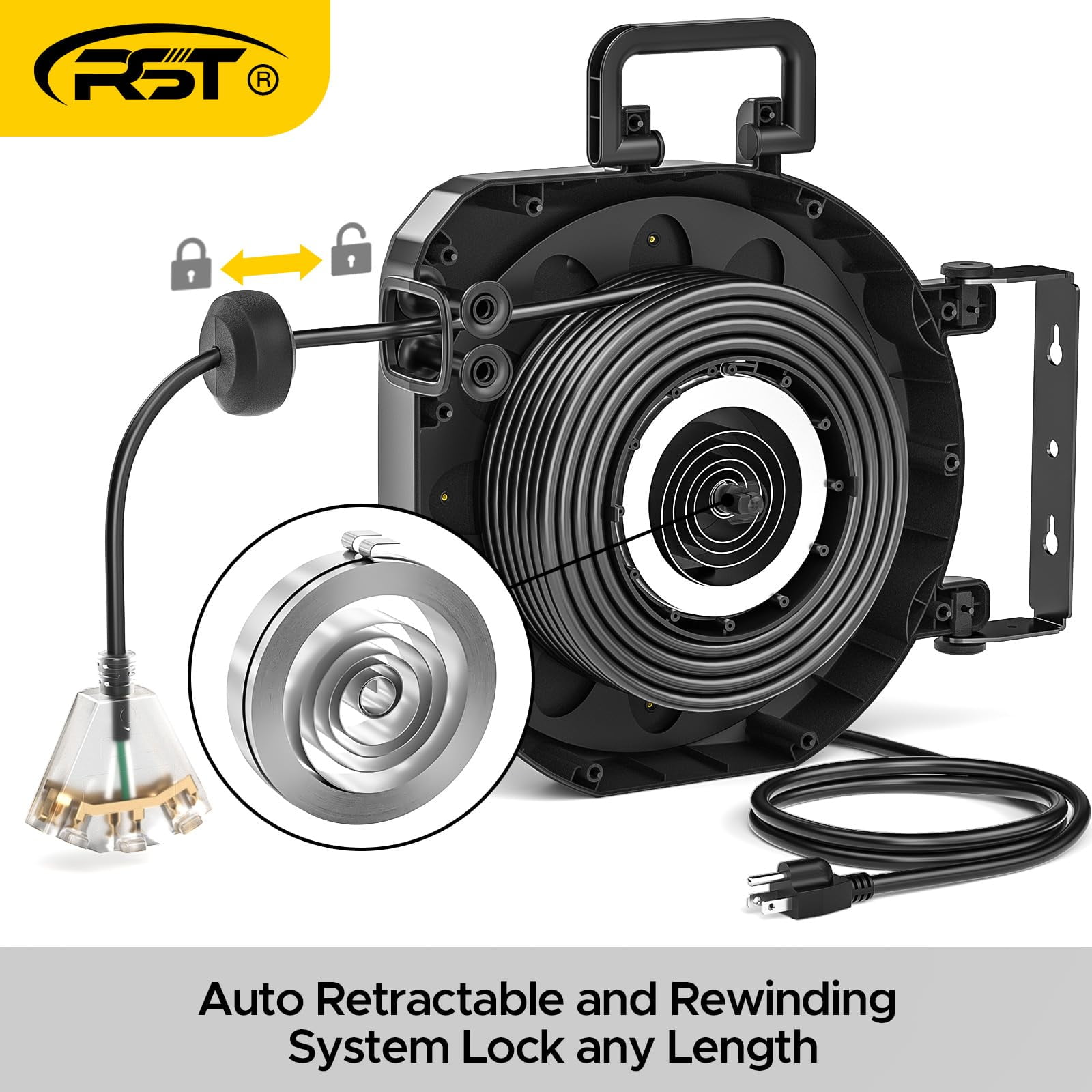 CRST Retractable Extension Cord Reel with Handle, 50 FT Heavy Duty 14AWG/3C SJTOW Power Cord with 3 Grounded Outlets Lighted Triple Tap Limited of 1625W, 13Amp Circuit Breaker, 180° Swivel Bracket