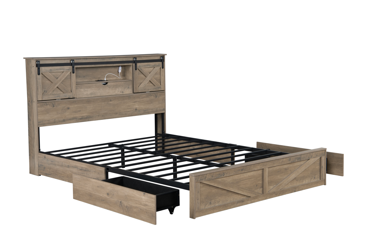 Farmhouse Bed Frame Queen Size with LED Lights and Charging Station, Wooden Queen Bed with 2 Storage Drawers, Rustic Headboard with Sliding Barn Door Storage Cabinets