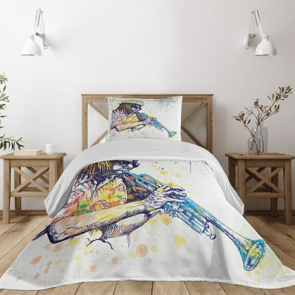 Ambesonne Jazz Quilted Coverlet 2 Pcs, Entertainment Vivid Art, Twin Size, Purple Yellow