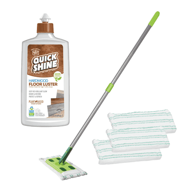 Quick Shine Hardwood Clean   Polish Mop Kit Includes (1) Hardwood Floor Mop, (3) Microfiber Pads and (1) 16oz High Traffic Hardwood Floor Luster w/Plant-Derived Carnauba, Fills in Micro Scratches