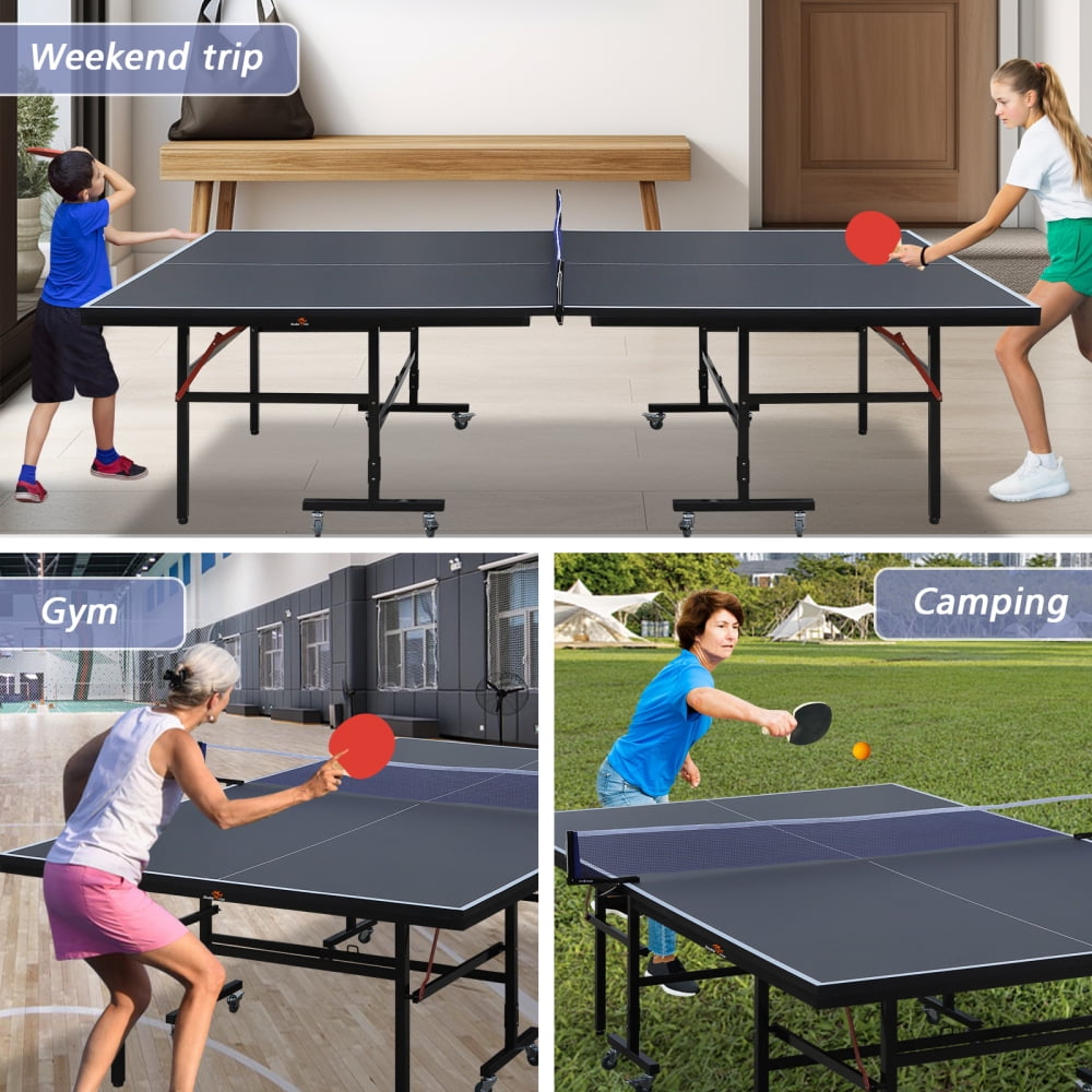 9ft Folding Rolling Table Tennis Table2 Paddles, 3 Balls, 1 Net And Post Set black Fold-Up Design, 8 Wheels for Easy Movement