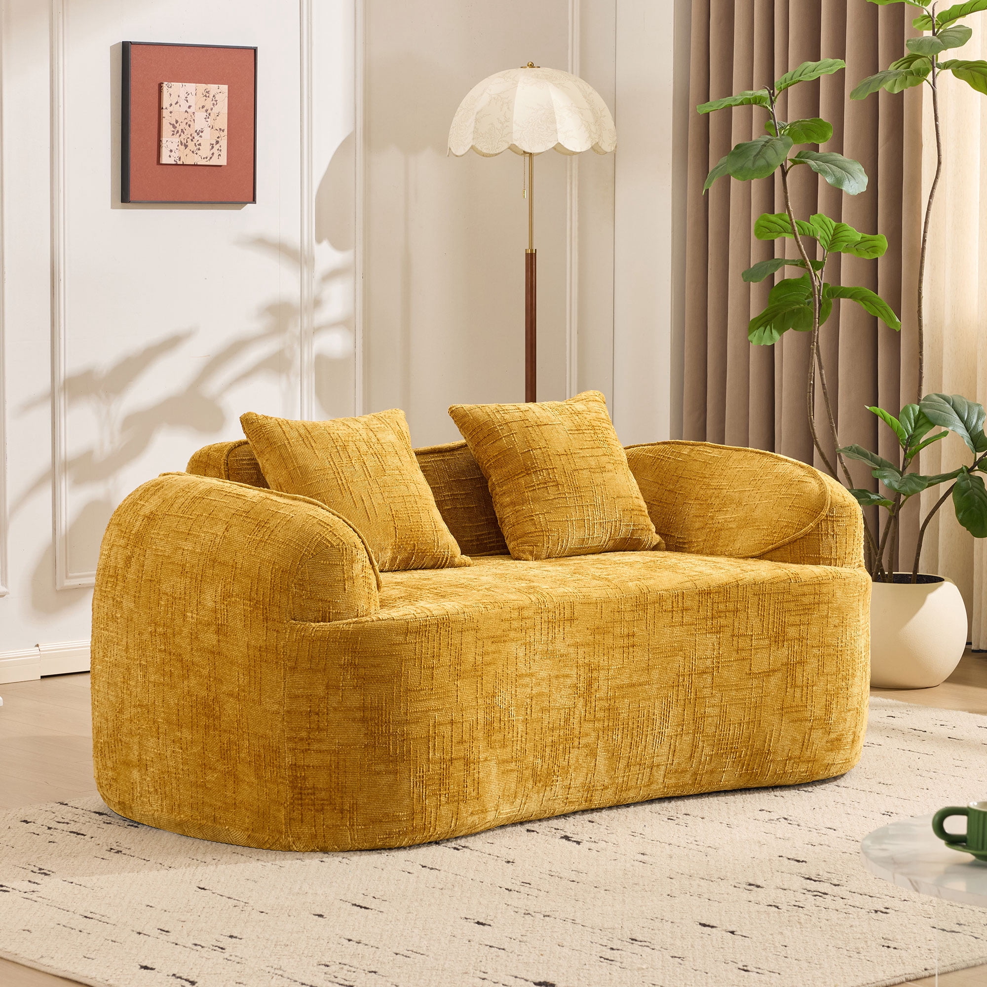 Leumius 66" 2 Seater Sofa Compress Sofa with Armrests & 2 Pillows,No Assembly Required,Compact Sofa Couch for Small Apartments,Living Room,Bedroom,Yellow