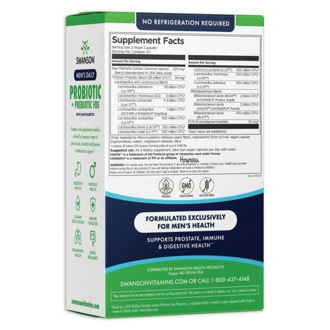 Swanson Men's Daily Probiotic + Prebiotic Fos 35 Billion Cfu 60 Vegan Caps