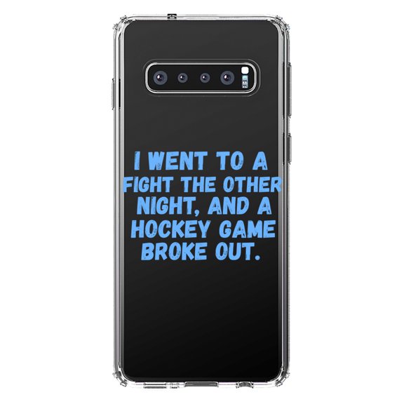 DistinctInk Clear Shockproof Hybrid Case for Samsung Galaxy S10 (6.1" Screen) - TPU Bumper Acrylic Back Tempered Glass Screen Protector - I Went to a Fight And a Hockey Game Broke Out