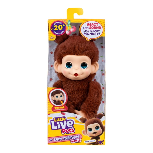 juguete interactivo little live pets bebé mono 19 cm en empaque vertical, Chikki Cherry con pelaje marrón oscuro y cara de vinil de ojos grandes azules; cuerpo de peluche suave, manos y pies que agarran, rótulo que indica sensores táctiles y más de 20 sonidos y reacciones; recomendado 4+ años, apto para juego de cuidado y compañía.