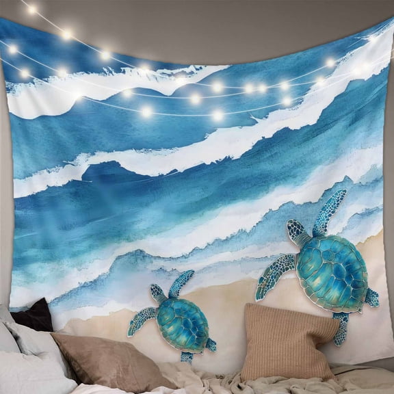 Blue Coastal Tapestry for Bedroom Wall Hanging Tapestry, Sea Turtle Summer Beach Waves Nautical Ceiling Backdrop Tapestries Poster Blanket Wall Decor for Teens Room Living Room Dorm 39" x 59"