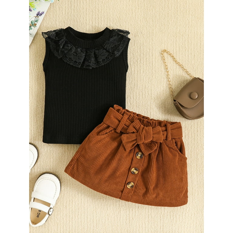 Arvbitana Toddler Baby Girl Summer Skirt Set 6M 12M 18M 24M 3T 4T Solid Fly Sleeve Ribbed Knit Tops Belted Mini Skirts Kids Fashion Clothes 2Pcs
