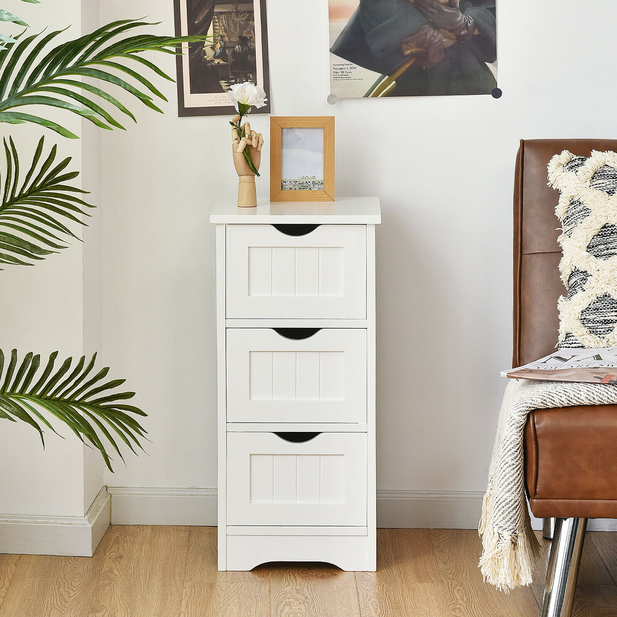 Costway White Floor Storage Cabinet Bathroom Organizer Free Standing 3 Drawers